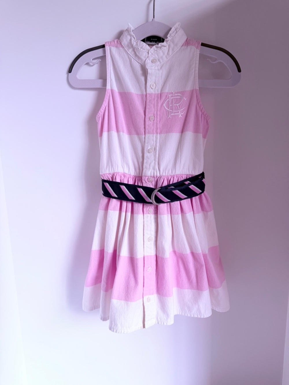 Ralph Lauren Pink and White Striped Sleeveless Shirt Dress with Navy Belt